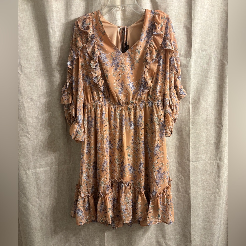 GiGio USA Floral Ruffle Dress in Tan and Purple